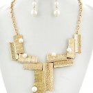 Gold Chain Faux Cream Pearl Asymmetrical Necklace Earrings Set Pearl Necklace