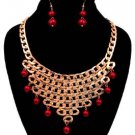 Rose Gold Red Pearl Chain Necklace Earrings Set Red Statement Necklace