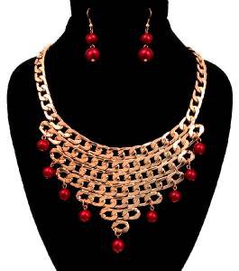 Rose Gold Red Pearl Chain Necklace Earrings Set Red Statement Necklace