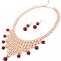 Rose Gold Red Pearl Chain Necklace Earrings Set Red Statement Necklace