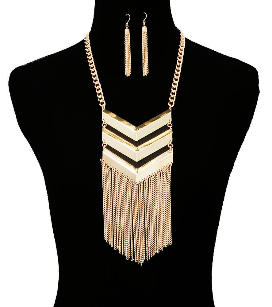 Gold Chevron Tassel Necklace Gold Chain Earrings Set Tribal Chevron Military