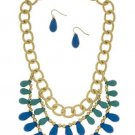 Blue Tear Drop Bead Necklace Earrings Set Gold Chain Blue Turquoise Necklace