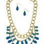 Blue Tear Drop Bead Necklace Earrings Set Gold Chain Blue Turquoise Necklace