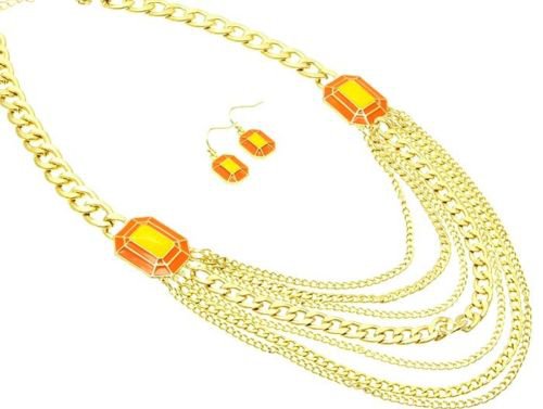 Gold Chain Necklace Orange and Yellow Necklace Earrings Set Gold Chain Link