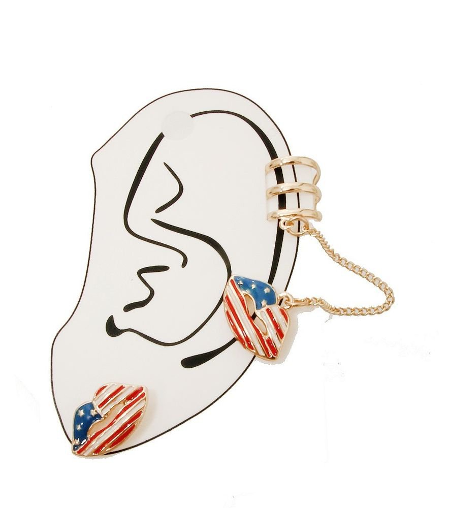 New American Flag Lip Ear cuff Earrings Set Lip Earrings American Flag Earrings