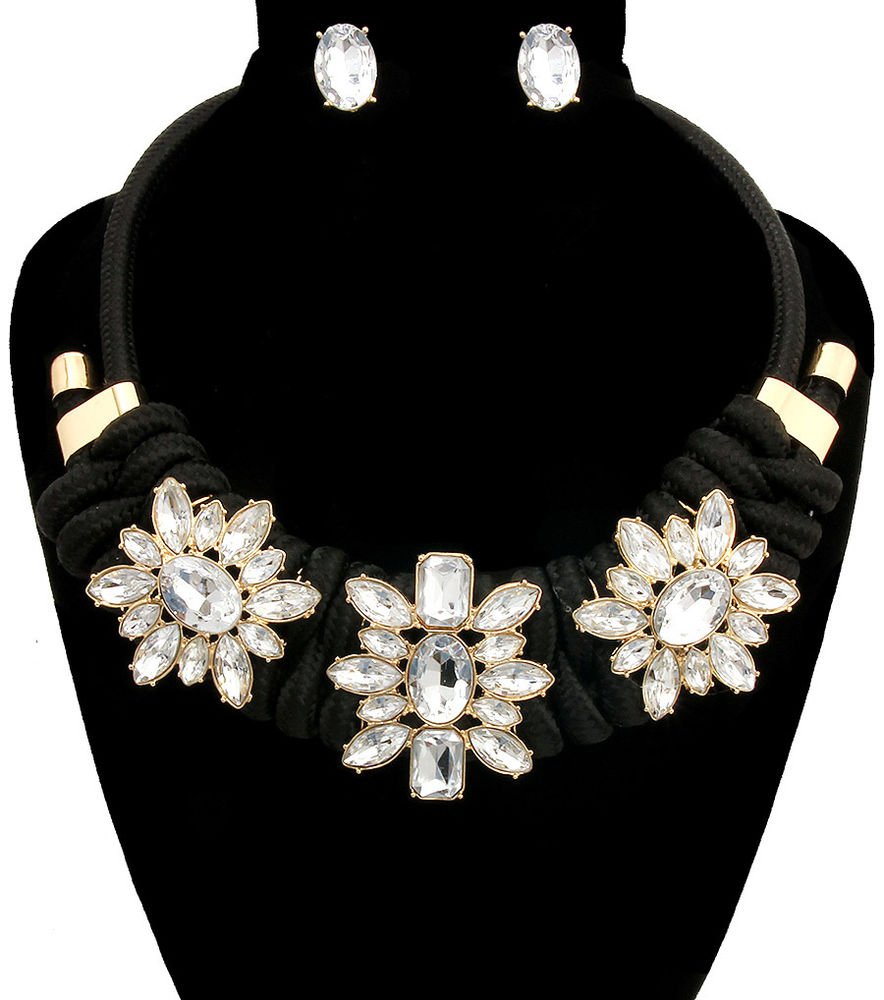 Braided Black Cord Necklace Flower Clear Crystal Stone Necklace Earrings Set