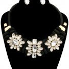 Braided Black Cord Necklace  Flower Clear Crystal Stone  Necklace Earrings Set