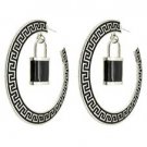 Black & Silver Greek Key Hoop Earrings with Lock Pendant Lock Hoop Earrings 3'