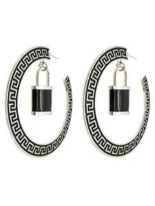 Black & Silver Greek Key Hoop Earrings with Lock Pendant Lock Hoop Earrings 3'