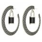 Black & Silver Greek Key Hoop Earrings with Lock Pendant Lock Hoop Earrings 3'