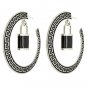 Black & Silver Greek Key Hoop Earrings with Lock Pendant Lock Hoop Earrings 3'