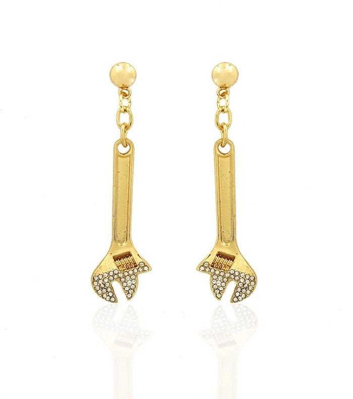 Gold Bling Wrench Earrings Gold Earrings Rhinestone Gold Earrings 2.5 inches