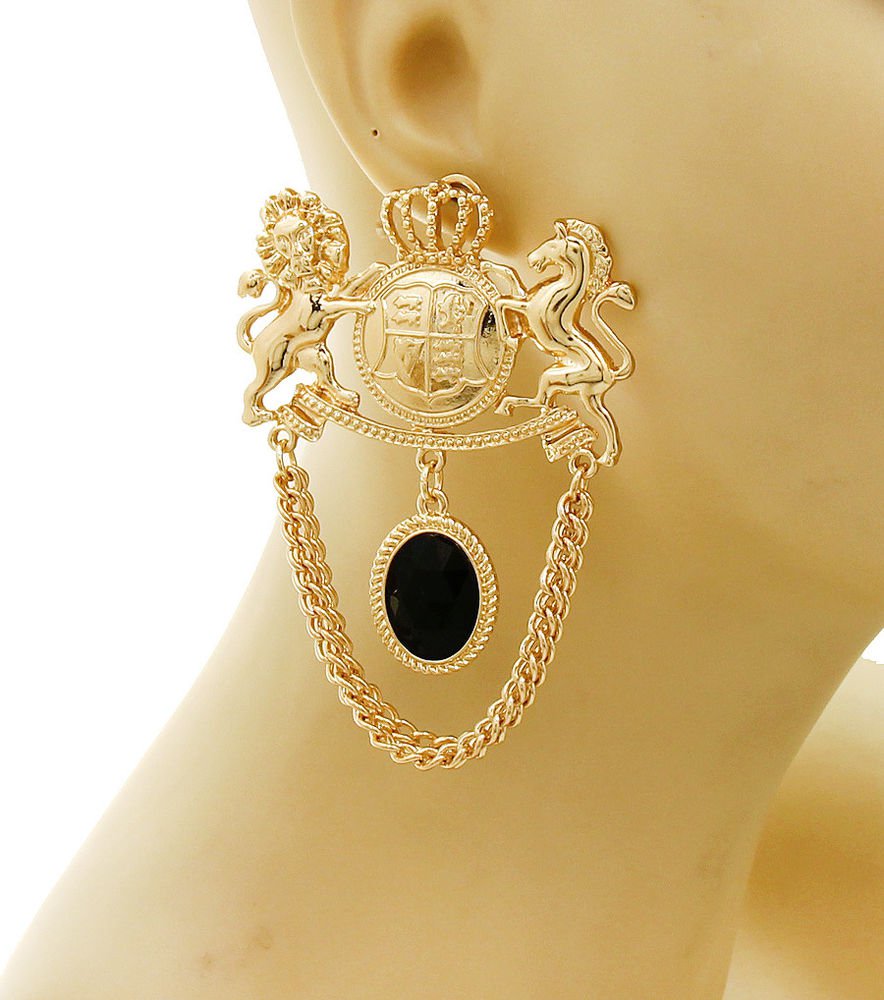 Large Statement Royal Gold Lion and Unicorn Horse Earrings Black Stone