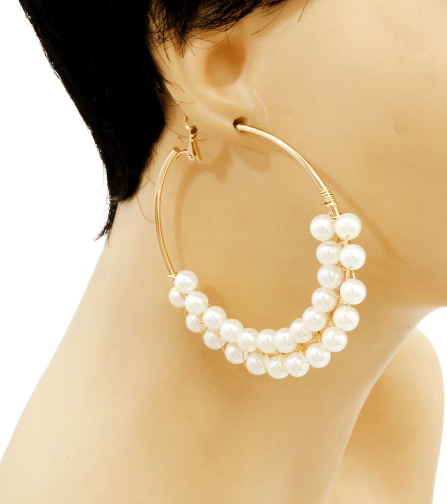 Double Layer Pearl Hoop Earrings Statement Gold Plated Metal Leverback 3 inches