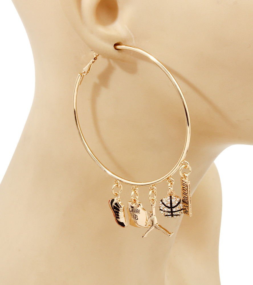 Basketball Gold Hoop Earrings Brooklyn Jersey Charm Pendant Jumpman Sneaker