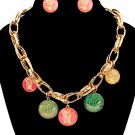Charm Pendant Chunky Gold Chain Link & Multi Color Coin Necklace Earrings Set