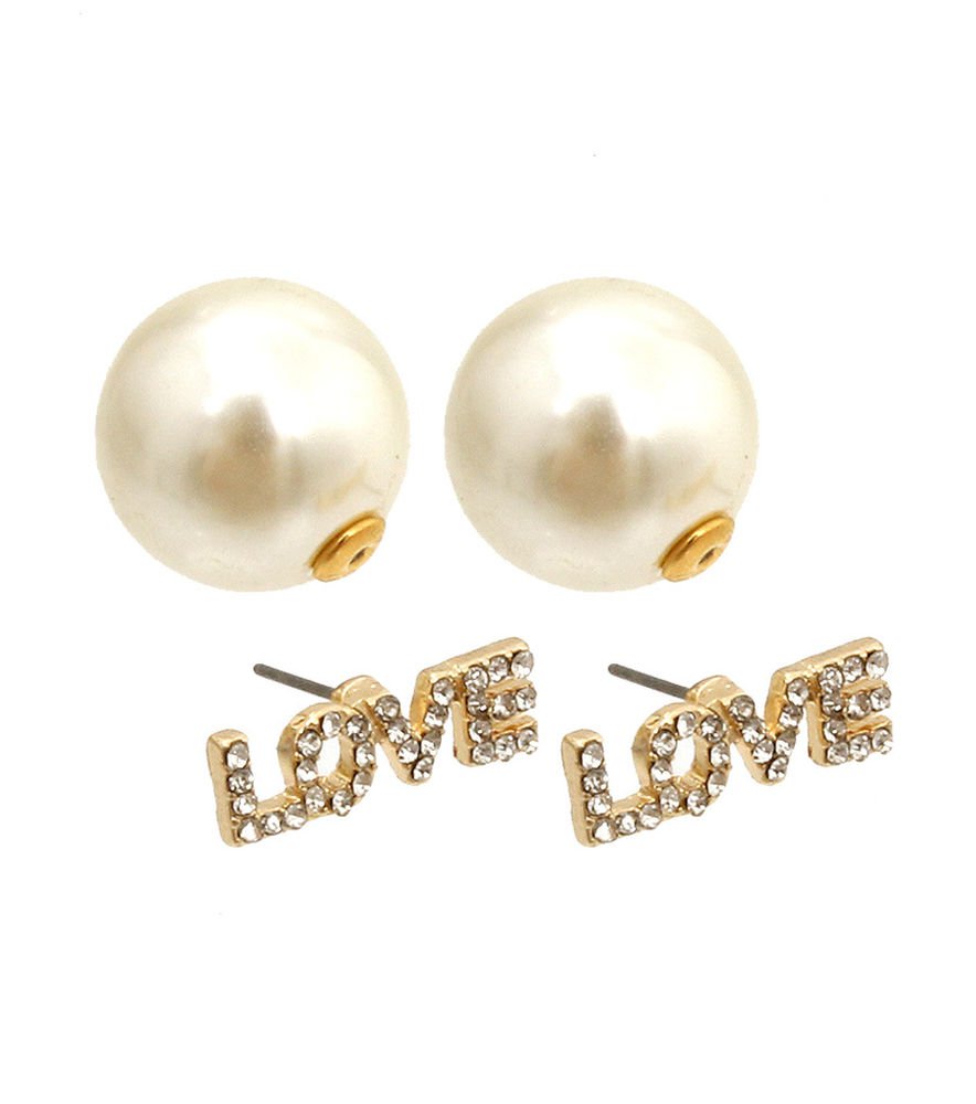 Gold LOVE Pearl Stud Earrings 2 Part Earrings Fashion Rhinestone Bling 1"