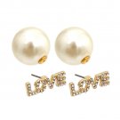 Gold LOVE Pearl Stud Earrings 2 Part Earrings Fashion Rhinestone Bling 1"