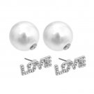 Silver LOVE Pearl Stud Earrings 2 Part Earrings Fashion Rhinestone Bling 1"