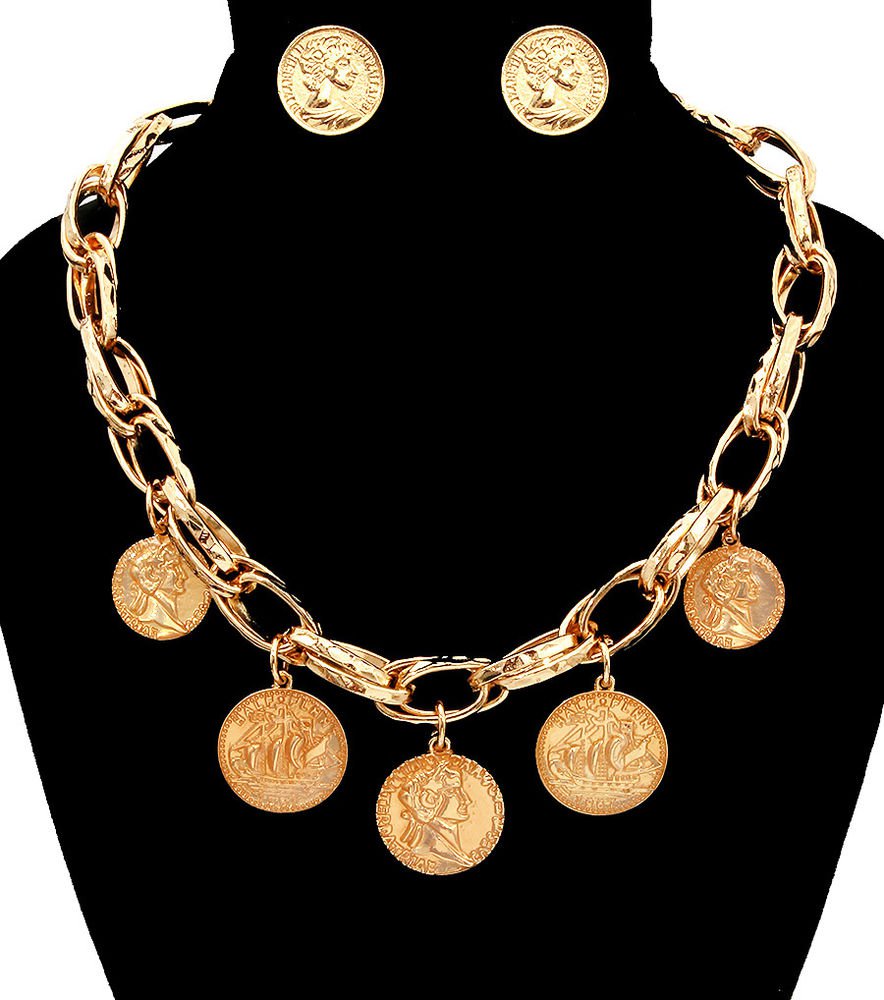 Statement Charm Pendant Chunky Gold Chain Link and Coin Necklace Earrings Set