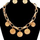 Statement Charm Pendant Chunky Gold Chain Link and Coin Necklace Earrings Set