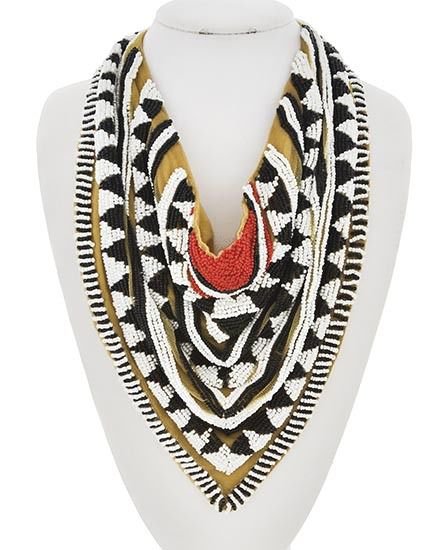 Statement Fabric & Bead Scarf Necklace Coral Brown White Black Tribal Necklace