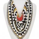 Statement Fabric & Bead Scarf Necklace Coral Brown White Black Tribal Necklace