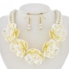 Cream 5 Flower Pearl Necklace & Pearl Earrings Set Fashion Pearl Floral Necklace