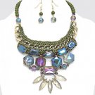 Glass Floral Necklace Earrings Set Olive Green Crochet Thread and Bead Necklace