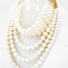 Multi Layer Chunky Cream Pearls Necklace & Earrings Set Pearl Necklace Set