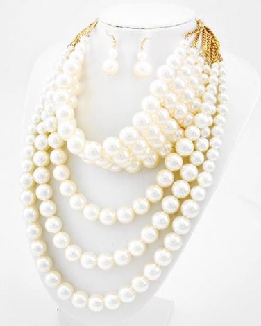 Multi Layer Chunky Cream Pearls Necklace & Earrings Set Pearl Necklace Set