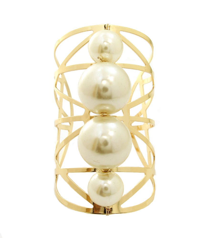 Chunky Pearl Cuff Bracelet Wide Gold Bracelet Chain Bracelet Gold Bangle