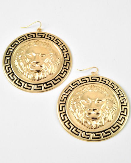 Round Gold Lion Head Black Greek Key Earrings Statement Lion Earrings Leo Lion 2