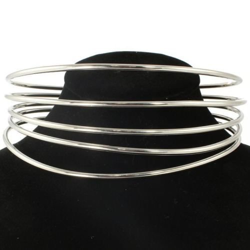 Trendy 5 Layer Silver Choker Statement Necklace Adjustable Silver Choker