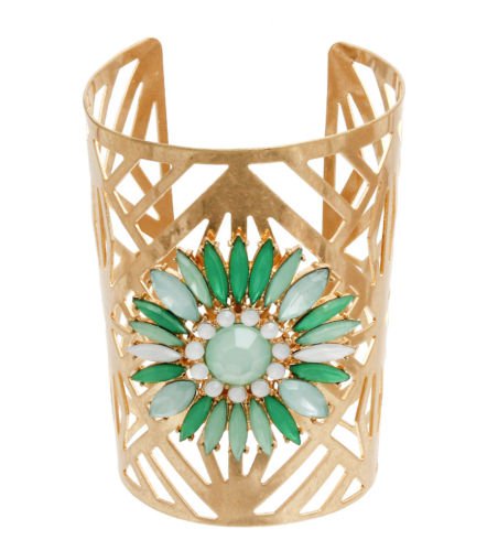 Mint Green Bead Burnished Gold Cut Out Cuff Bracelet Wide Gold Bracelet 3.5'