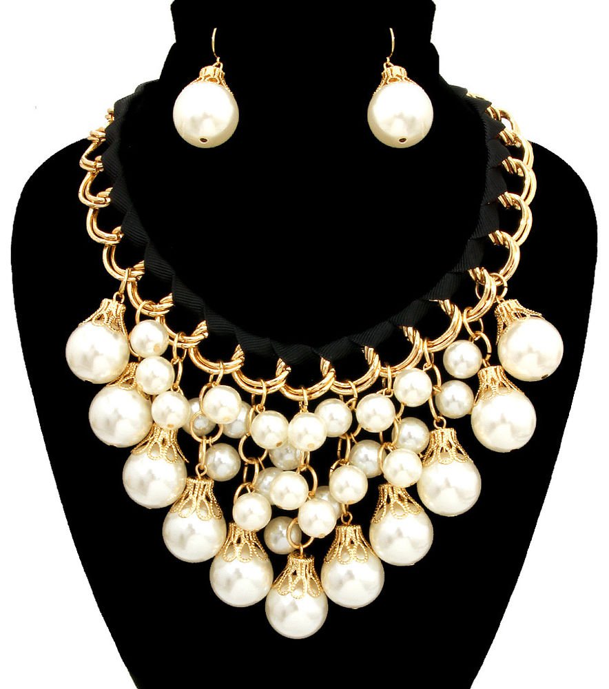 Black Ribbon Chunky Pearl Necklace Earrings Set Black Necklace Cream Pearls