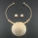 Gold Choker Necklace Set Large Hammered Round Pendant Necklace Earrings Set