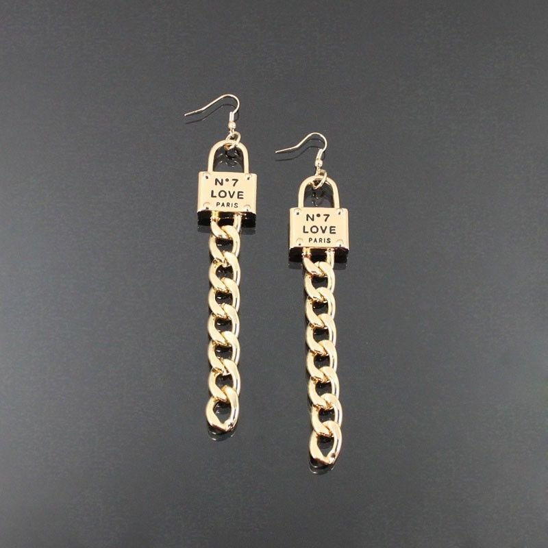 Long Gold Chain Earrings Love Lock Earrings Love Earrings Gold Earrings 4.75'