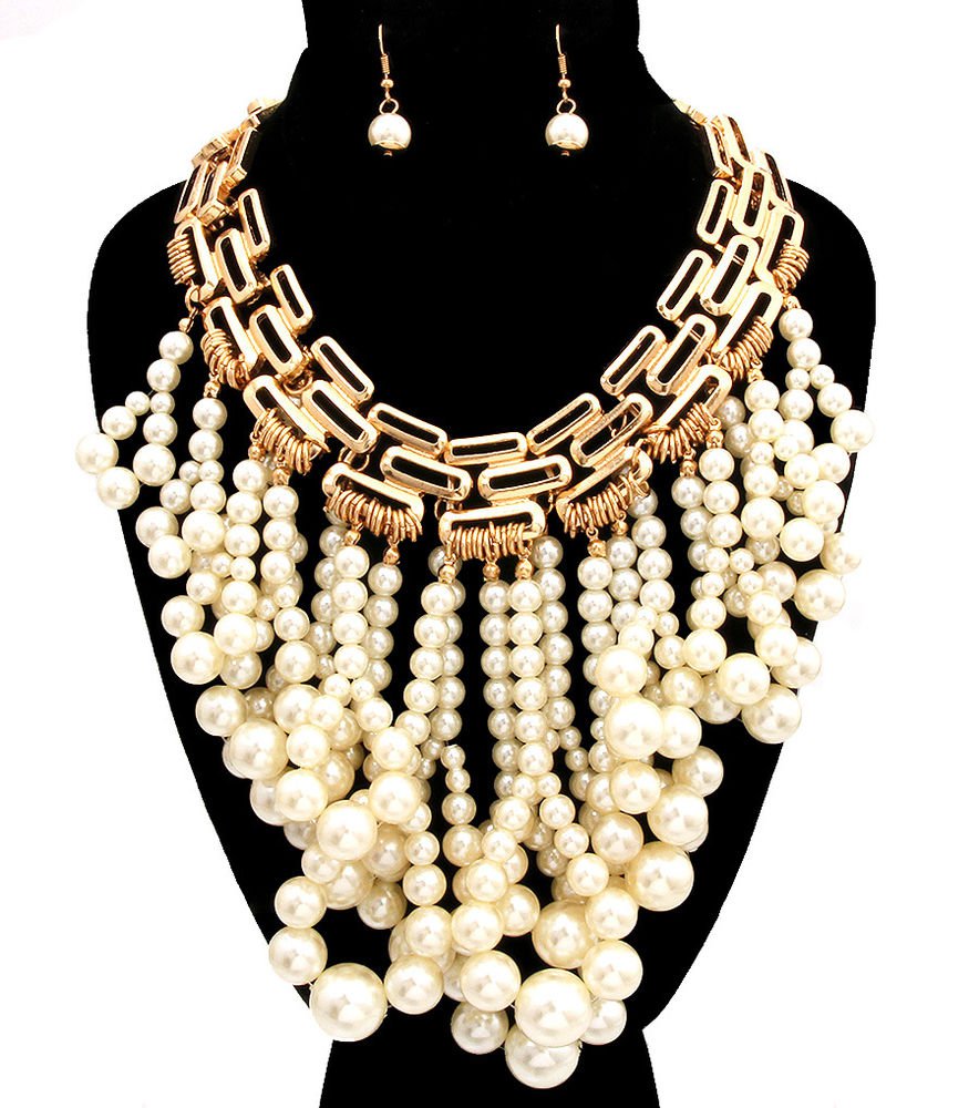 Statement Faux Pearl Set Gold and Cream Dangling Pearl Necklace Earrings Set