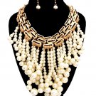 Statement Faux Pearl Set Gold and Cream Dangling Pearl Necklace Earrings Set