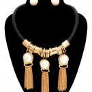 Thick Black Braided Cord  Gold Tassel Pearl Necklace Earrings Set Black Necklace