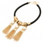 Thick Black Braided Cord Gold Tassel Pearl Necklace Earrings Set Black Necklace