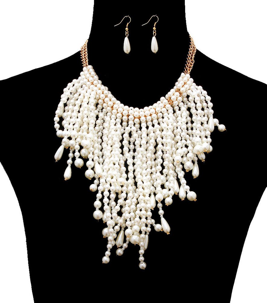 Statement Gold Chain Cream Dangle Drop Pearl Pendant Necklace Earrings Set