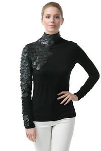 Faux Leather Scales Black Mock Turtelneck Top Fitted Stretched Long Sleeve S M L