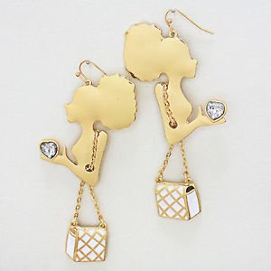 New Gold Afro Diva Lady with White Padded Purse Handbag Ethnic Gold Earrings 4"