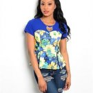 Womens Royal Blue Yellow Floral Peplum Top Flower Short Sleeve Junior Size S M L