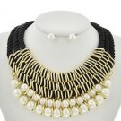 Black Cord and Cream Pearl Necklace Earrings Set Fashion Jewelry for Women