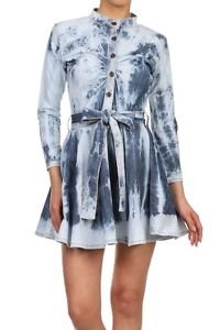 Tie Die Jean Dress Flare Dark & Light Blue Denim Tunic Top with Belt For Women