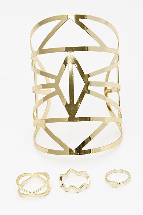 Geo Aztec Wide Gold Cuff Bracelet Midi Rings Trendy Fashion Jewelry for Women