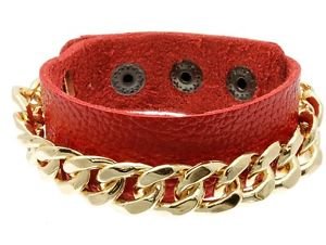 Gold Chain Link Bracelet Red Faux Leather Wrap Snap Style Trendy Fashion Jewelry
